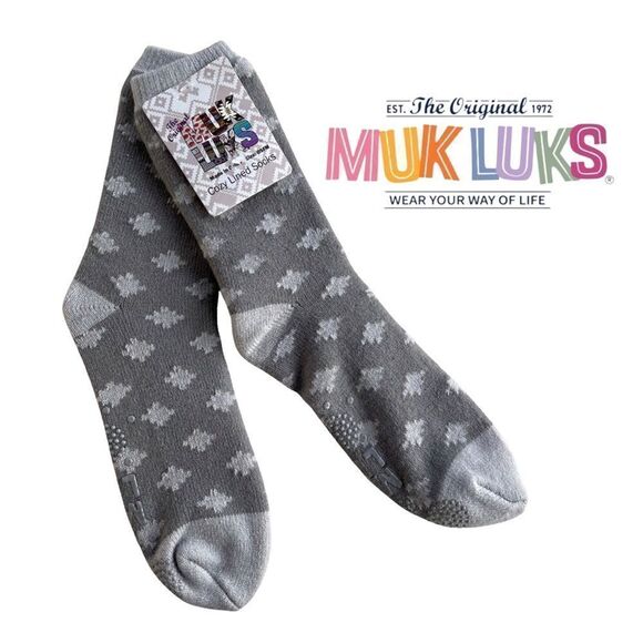 The Original Muk Luks Cozy Lined Socks Gray Geometric Print  Gripped Socks OSFM - Picture 1 of 6